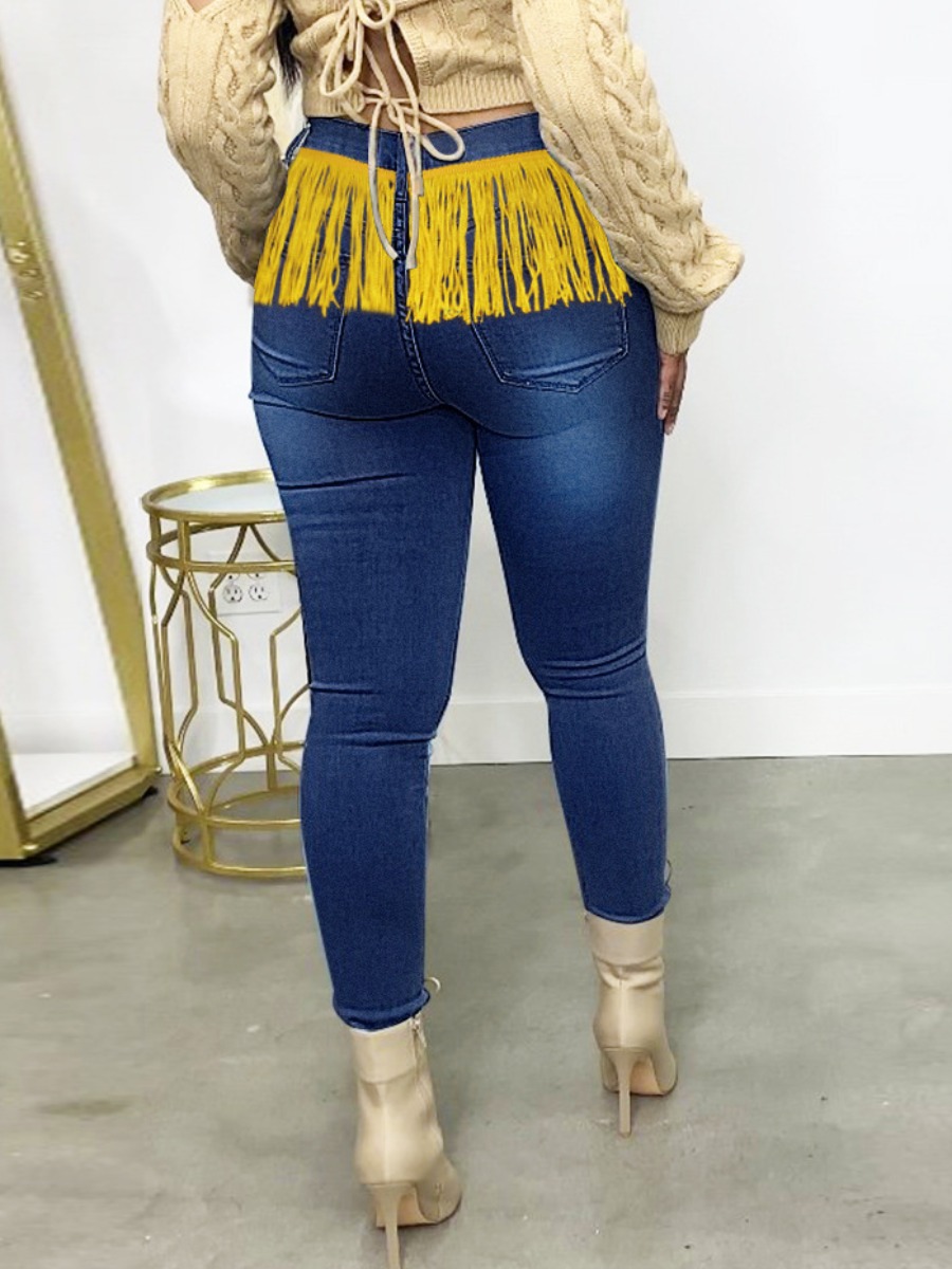 LW High-waisted Stretch Tassel Design Jeans