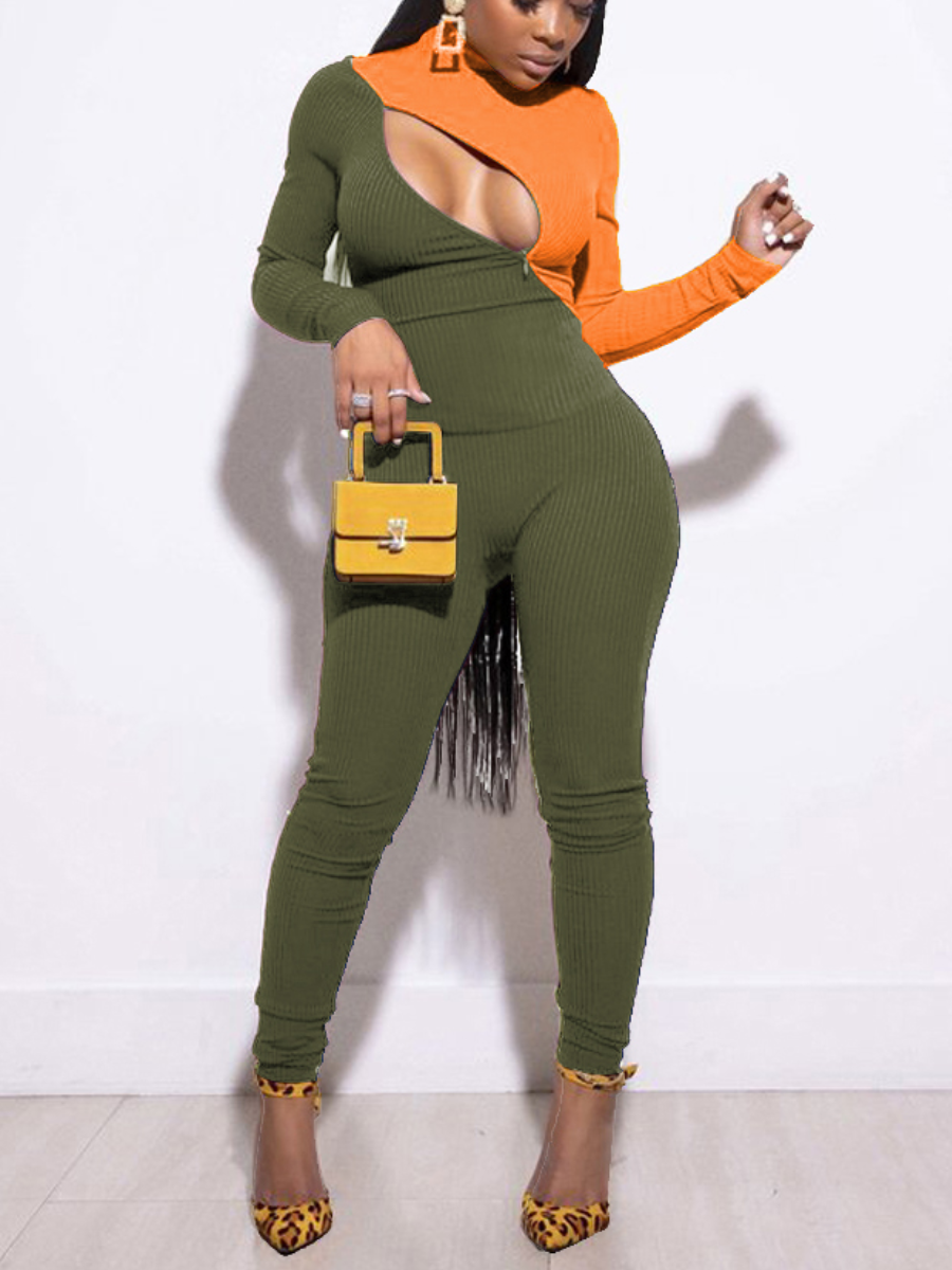

LW Zipper Design Patchwork Pants Set, Army green