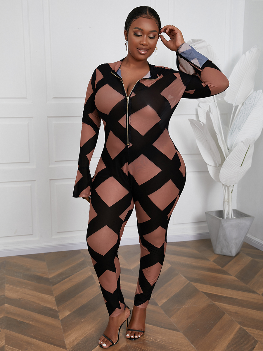 

LW Plus Size See-through Zipper Design Jumpsuit, Black