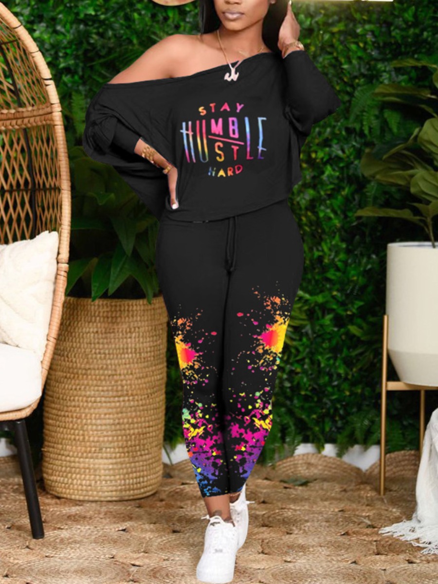 

LW Splash-ink Letter Print Pants Set, Black