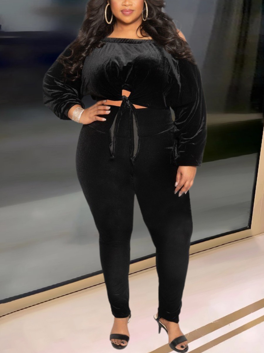 

LW Plus Size Off The Shoulder Knot Design Pants Set, Black
