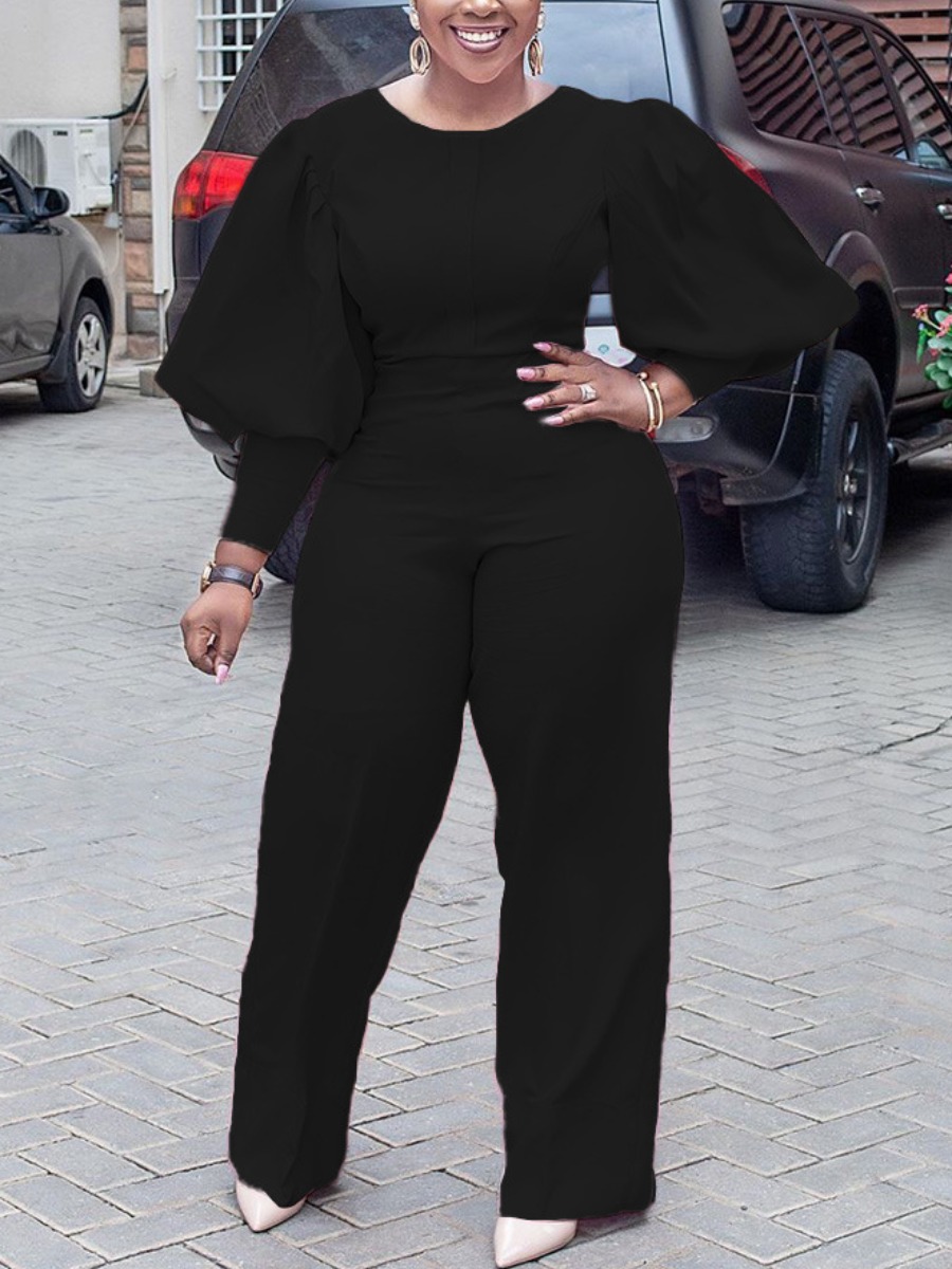 

LW Plus Size Puff Sleeve Wide Leg Jumpsuit, Black