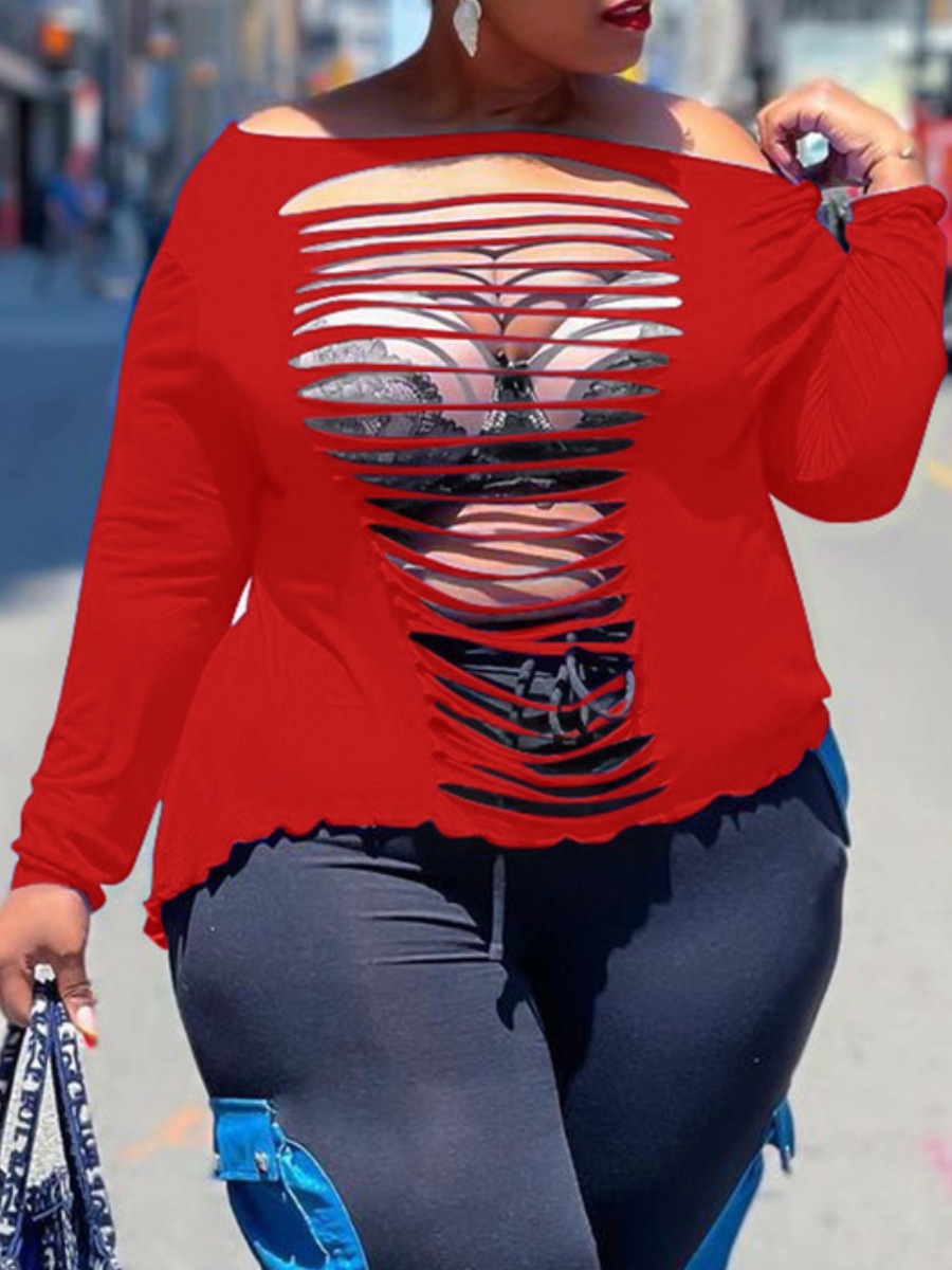 

LW Plus Size Boat Neck Ripped T-shirt, Red