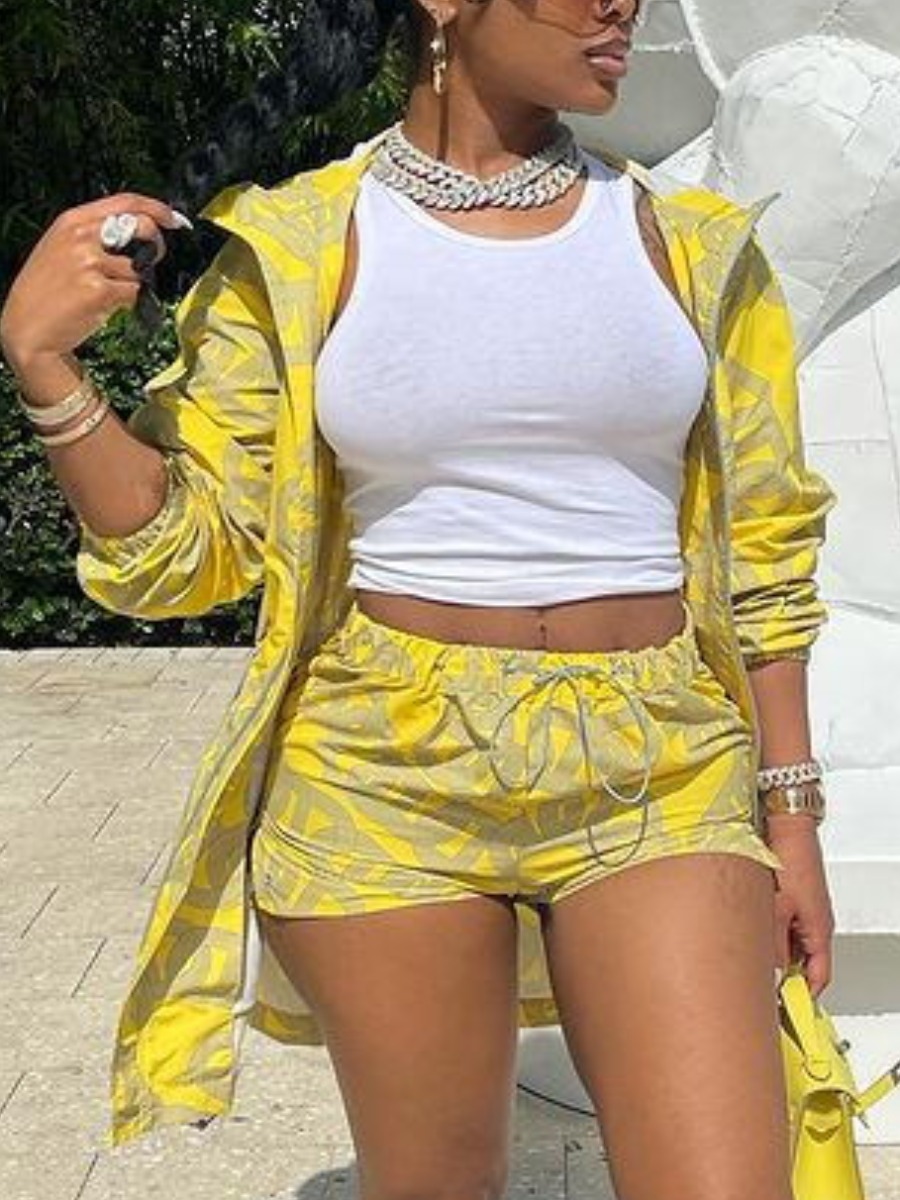

LW Hooded Collar Geometric Print Shorts Set (Without Camisole), Yellow