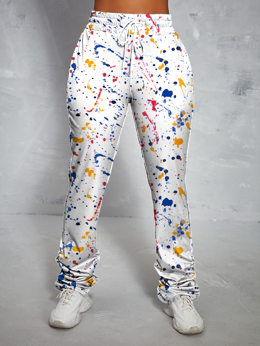 

LW Splash-ink Design Drawstring Pants, White