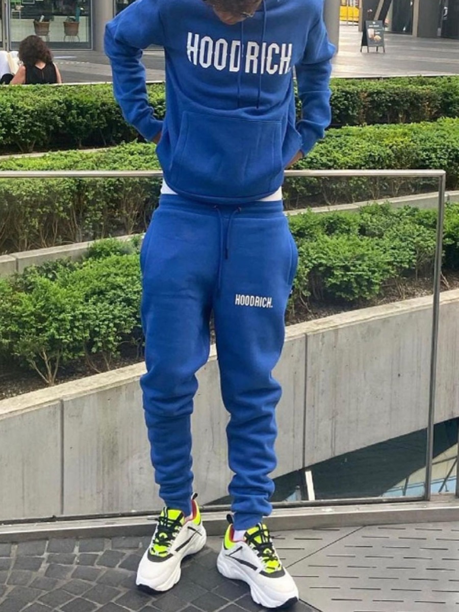 

LW Men Letter Print Kangaroo Pocket Tracksuit Set, Blue