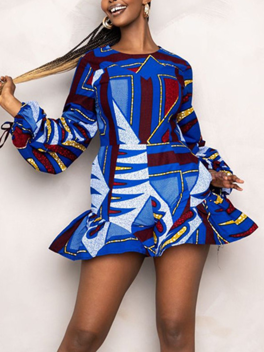 

LW Mixed Print Flounce Design Romper, Deep blue