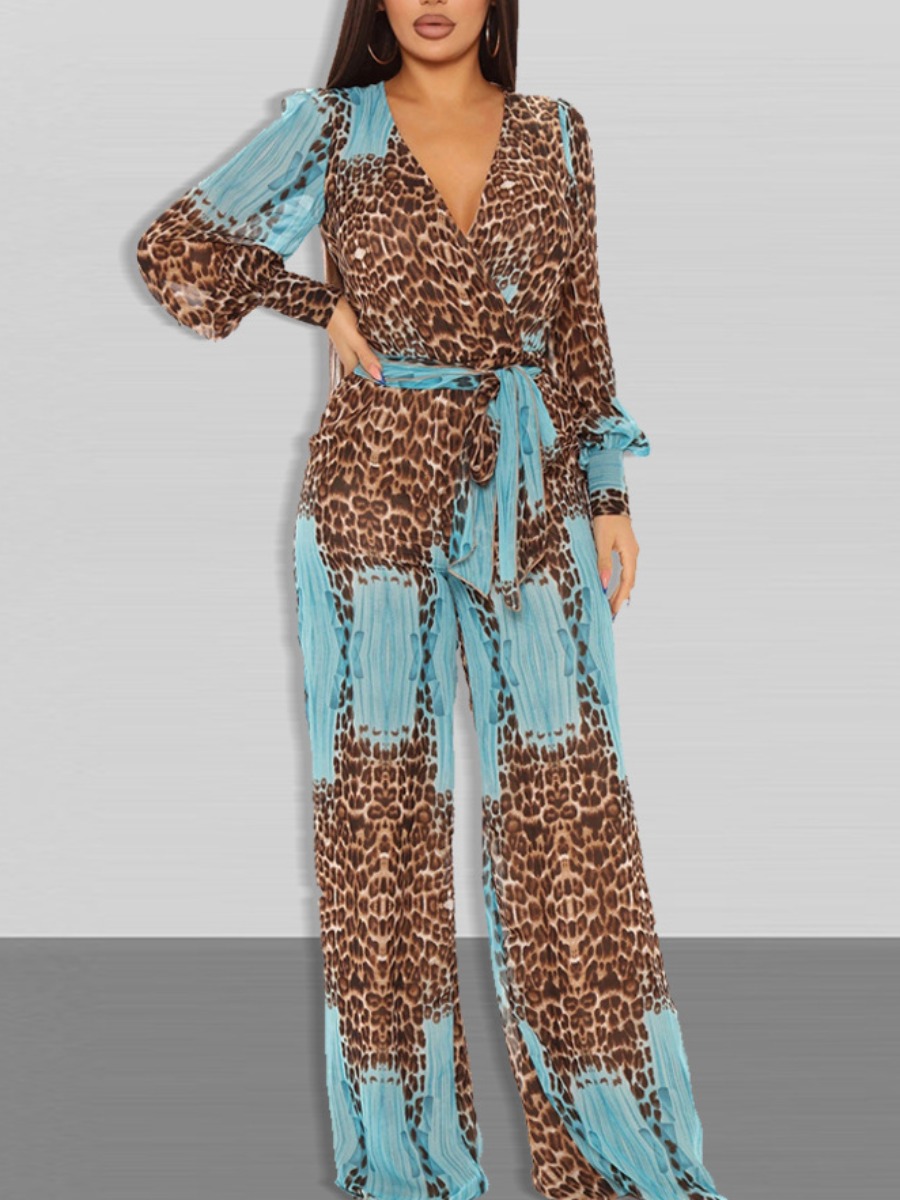 

LW Leopard Print Bandage Design Loose Jumpsuit, Blue