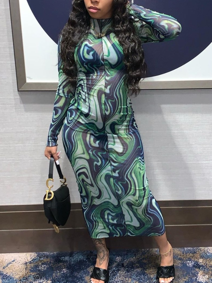 

LW Print See-through Bodycon Dress, Green