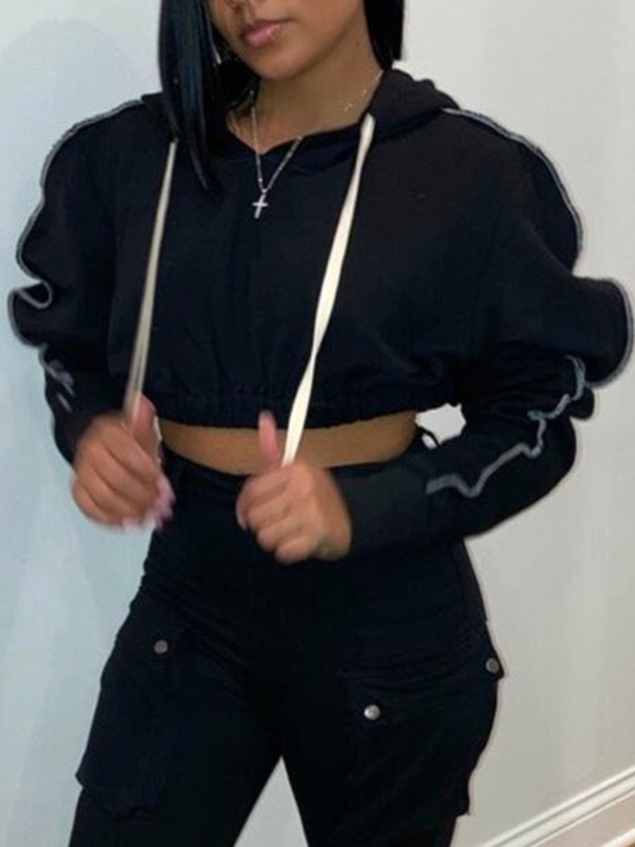 

LW Puff Sleeve Crop Top Hoodie, Black