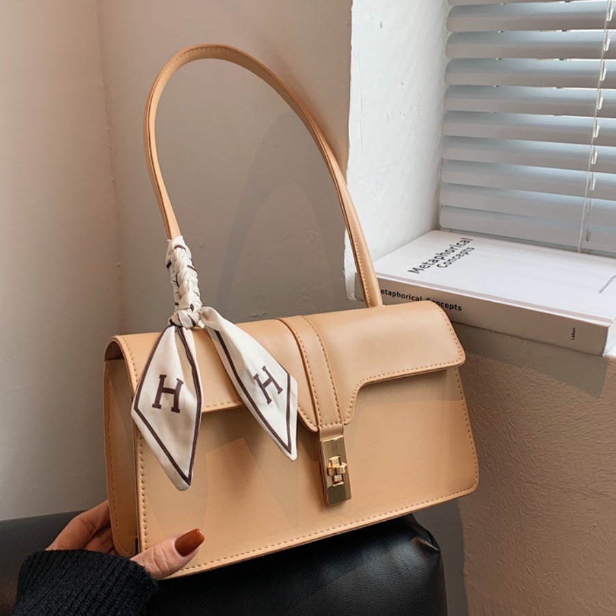 

LW Scarf Decoration Metallic Lock Shoulder Bag, Khaki