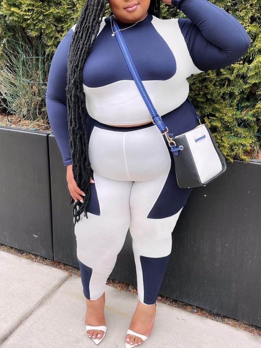 

LW Plus Size Color-lump Elastic Pants Set, Blue