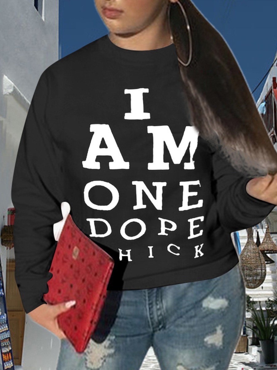 

LW Round Neck Letter Print Sweatshirt, Black
