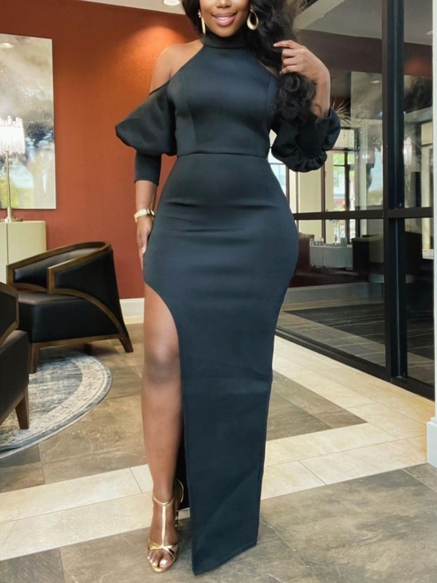 

LW Puff Sleeve Thigh Slit Prom Dress, Black