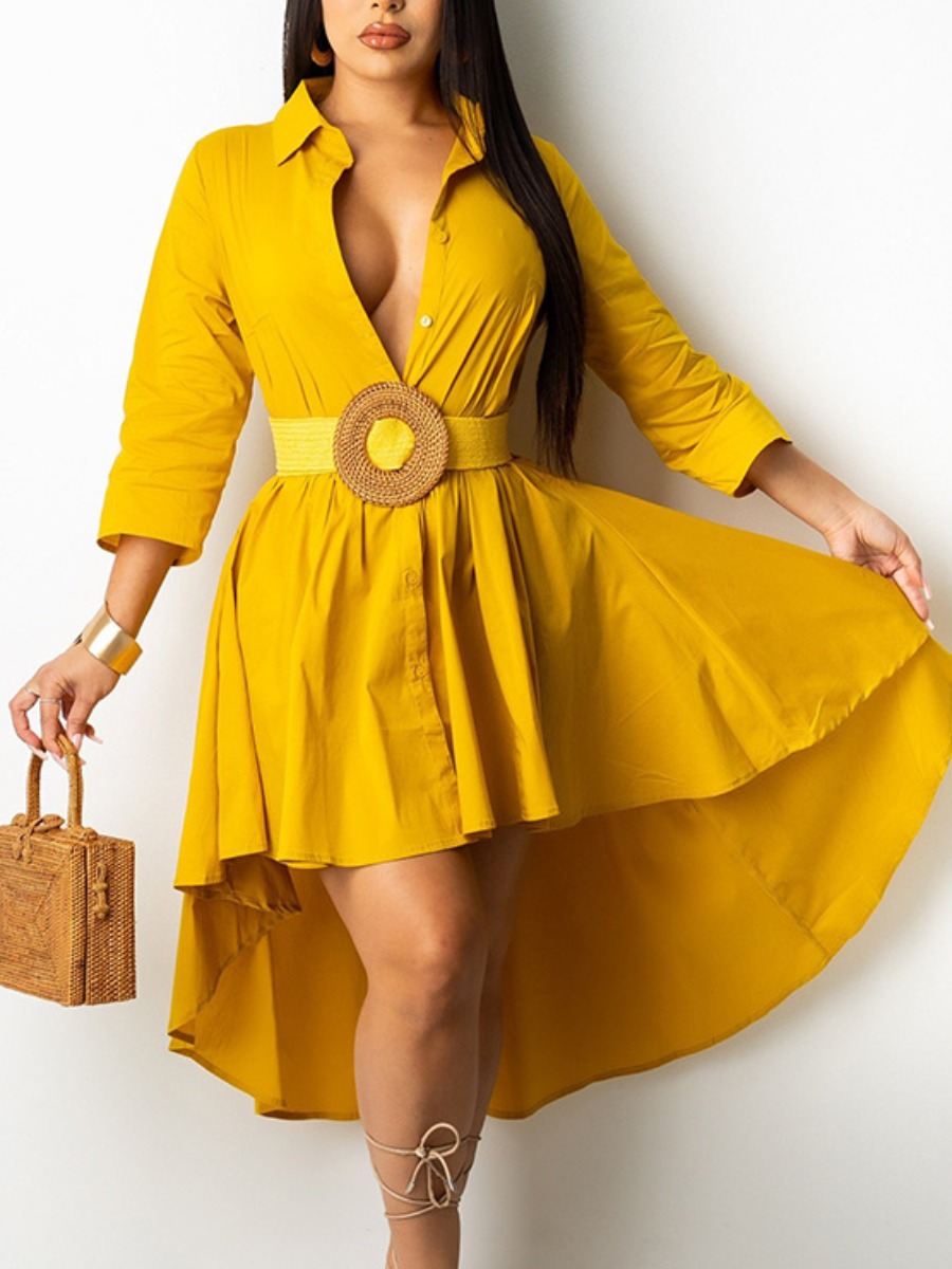 

LW Turndown Collar A Line Asymmetrical Dress (Without Belt), Yellow