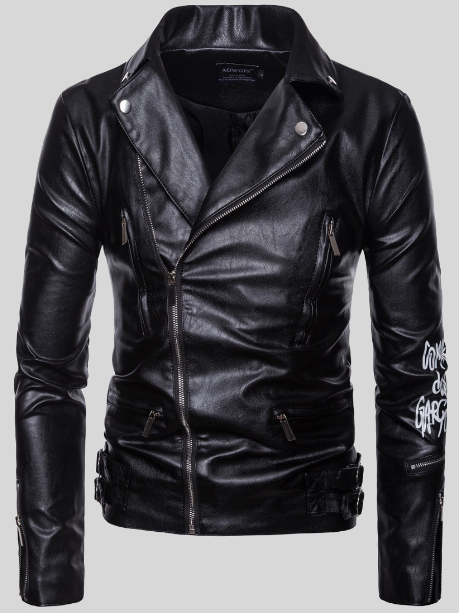 

LW Men Letter Print Zipper Design Leather, Black