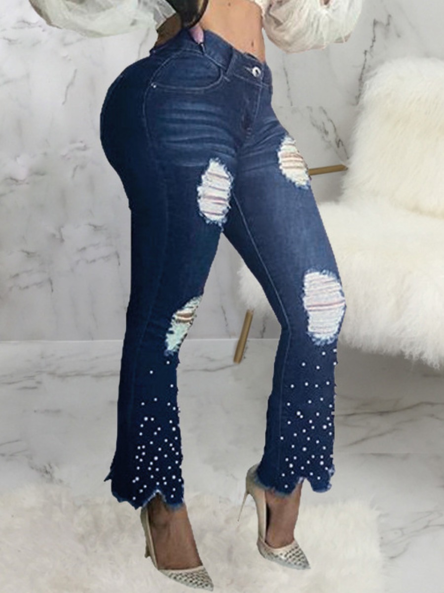 

LW Medium Stretchy Ripped Flared Pearl Decoration Jeans, Deep blue
