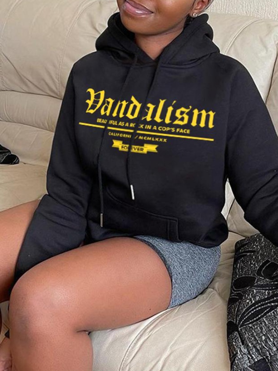 

LW BASICS Letter Print Kangaroo Pocket Hoodie, Black