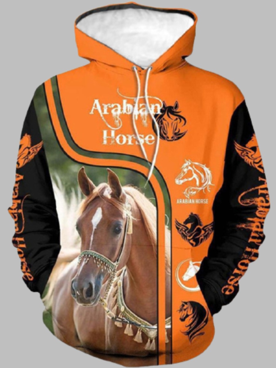 

LW BASICS Men Horse Letter Print Hoodie, Orange