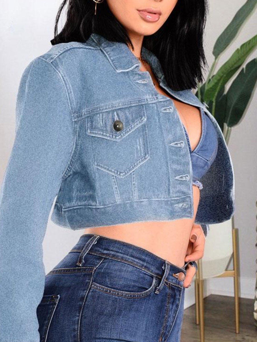 

LW High Stretchy Bandage Design Crop Top Denim Jacket, Baby blue