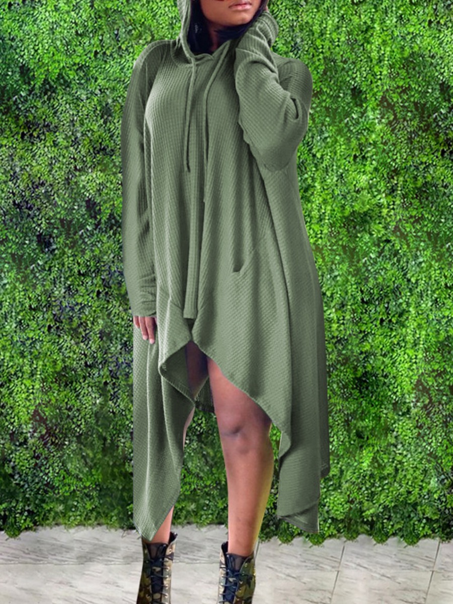 

LW Plus Size Hooded Collar Asymmetrical Dress, Army green