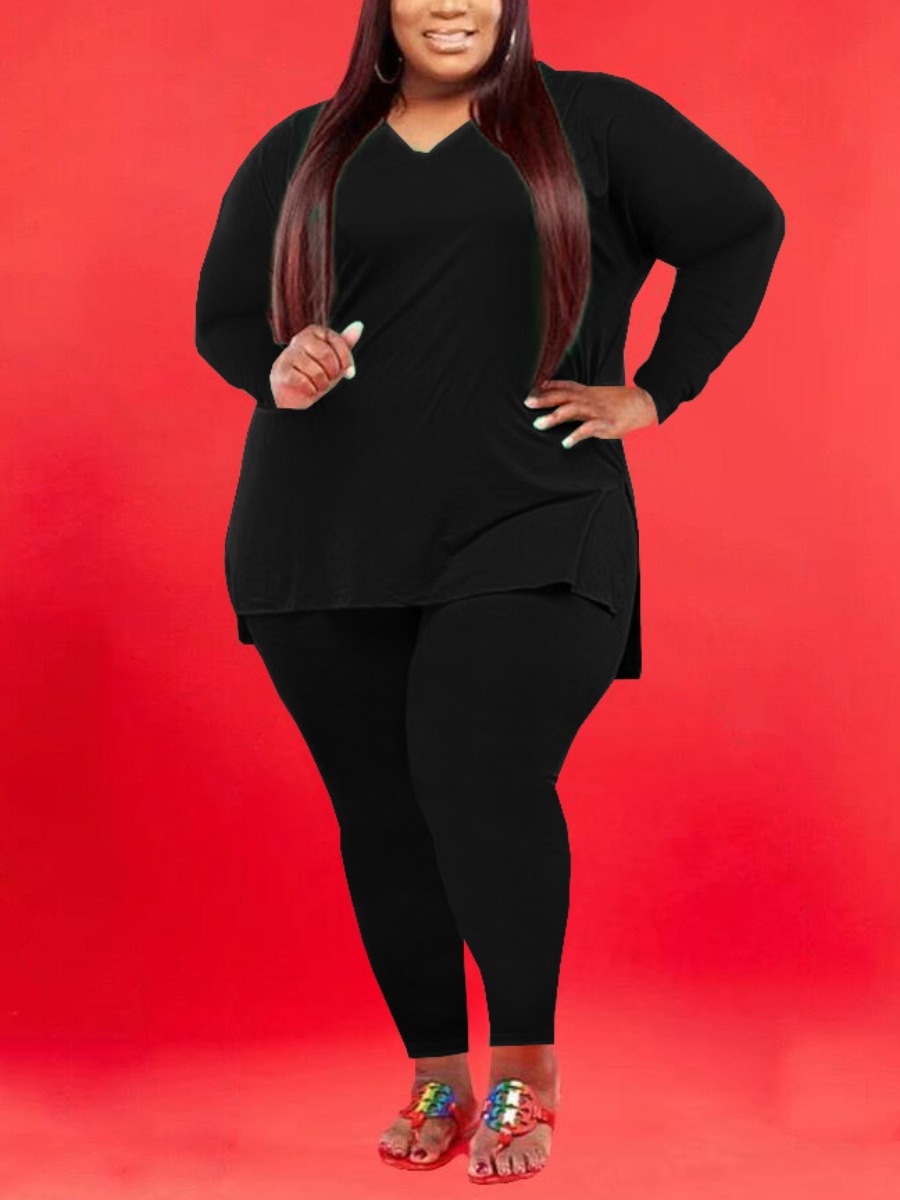

LW Plus Size V Neck Side Slit Pants Set, Black