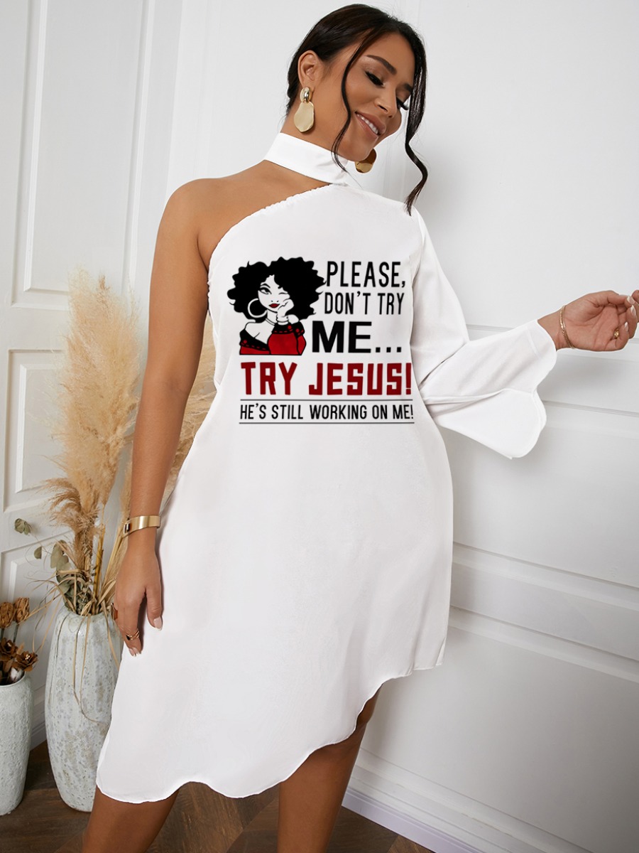 

LW Letter Print Ruffle Hem Asymmetrical Dress, White