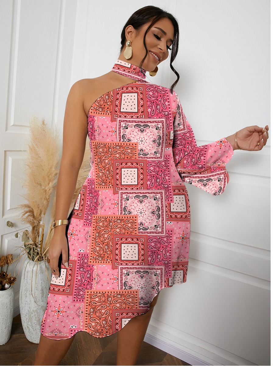 

LW Geometric Print Ruffle Hem Asymmetrical Dress, Pink