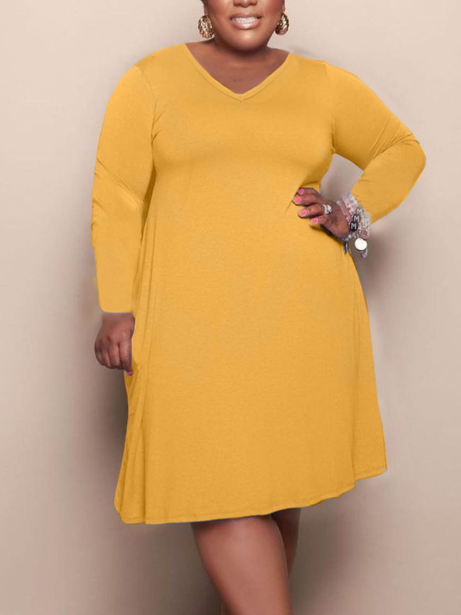 

LW Plus Size V Neck A Line Dress, Yellow