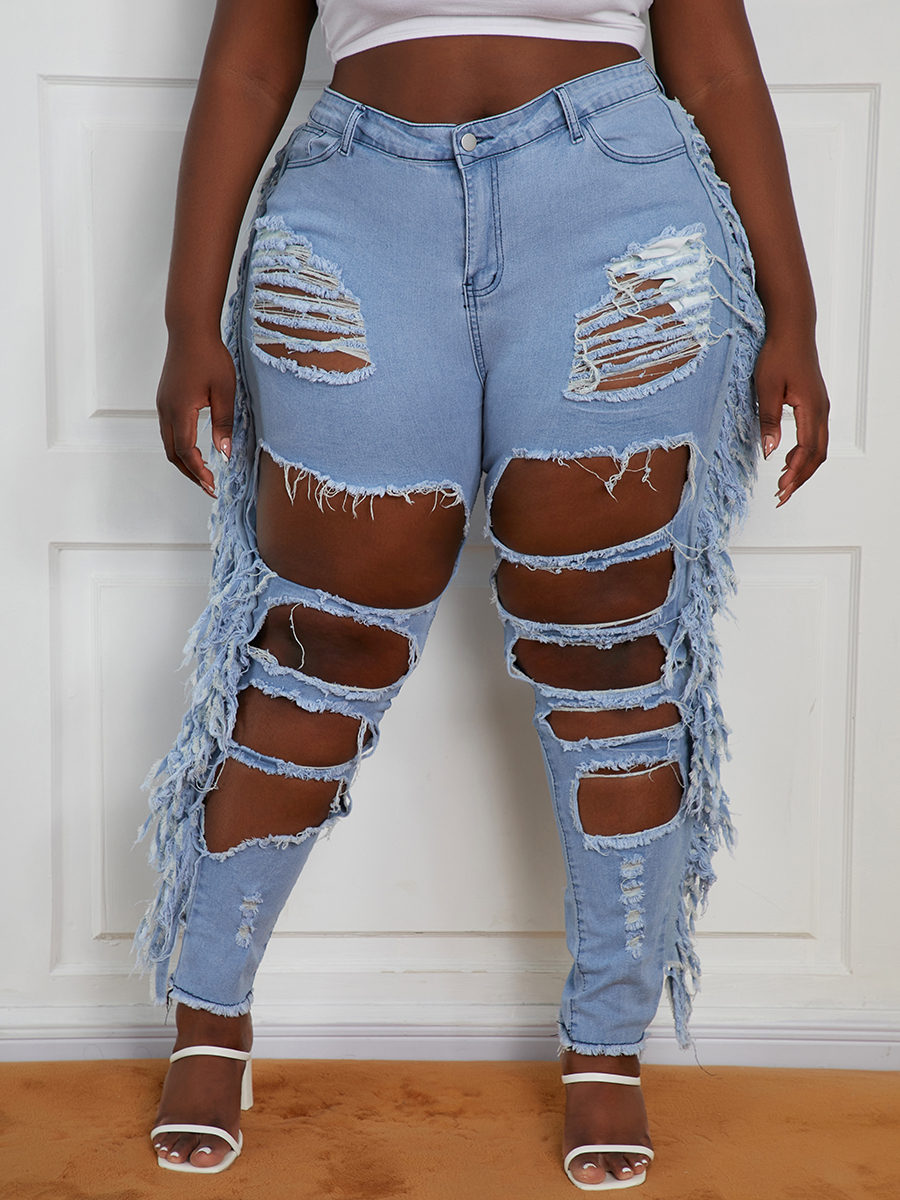 

LW Plus Size Ripped Raw Edge Jeans, Baby blue