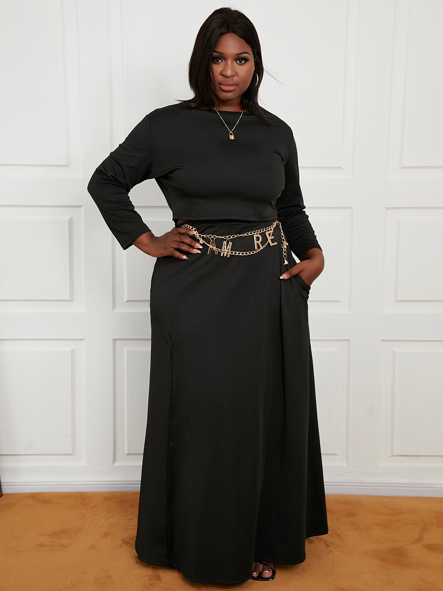 

Lovely Plus Size Thigh Slit A Line Skirt Set (Without Waist Chain), Black