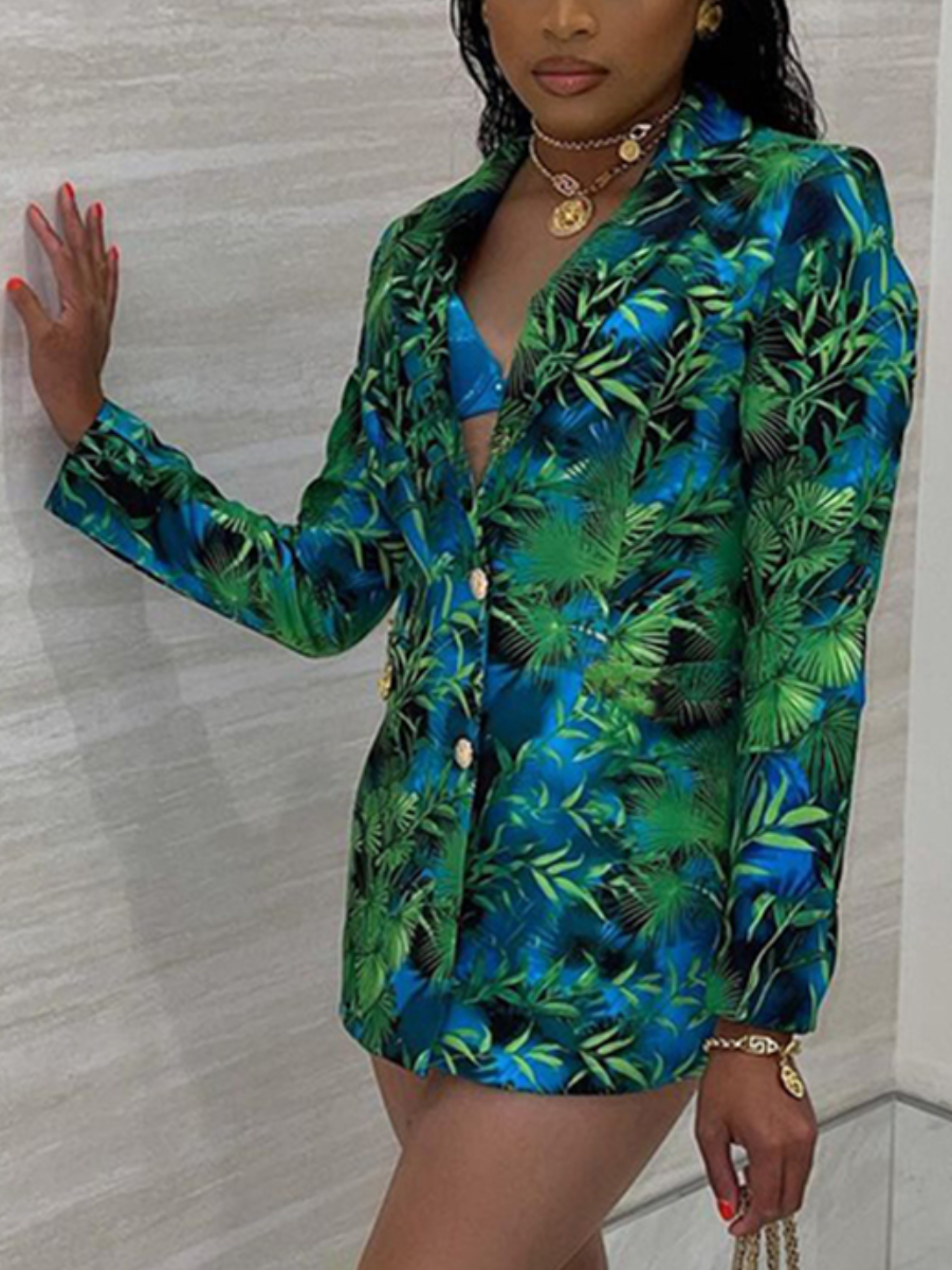 

LW Plant Print Button Design Blazer, Green