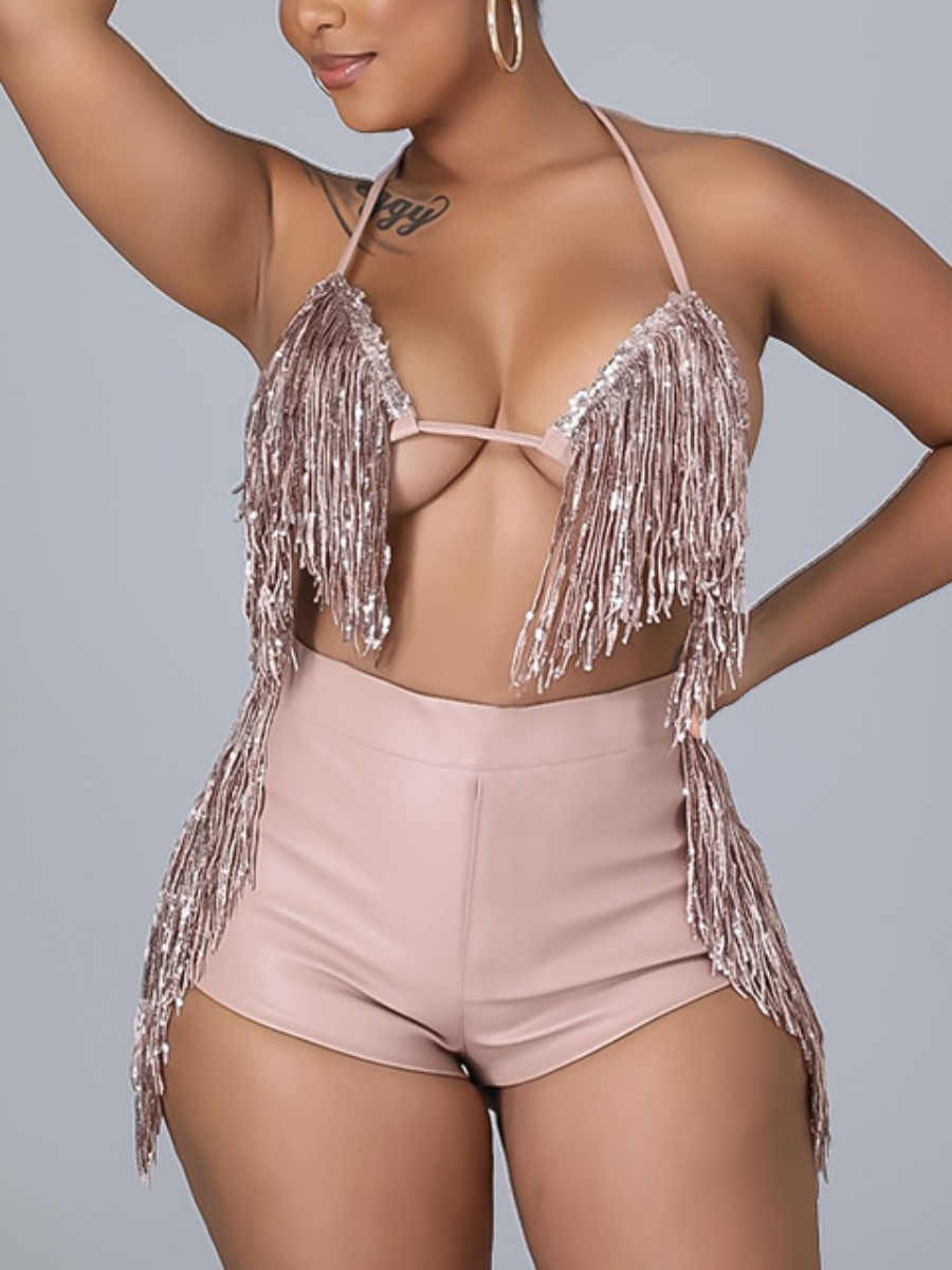 

LW SXY Bandage Tassel Design Shorts Set, Pink