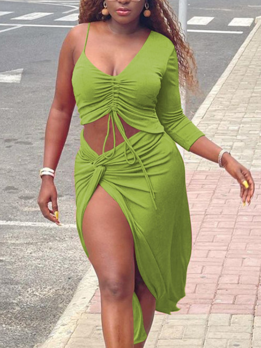 

LW SXY Front Twist Slit Drawstring Skirt Set, Green