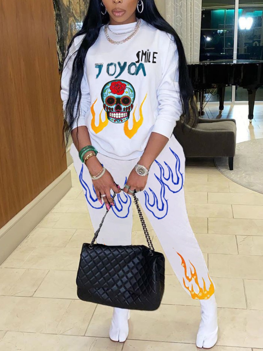 

LW Skull Head Flame Print Pants Set, White