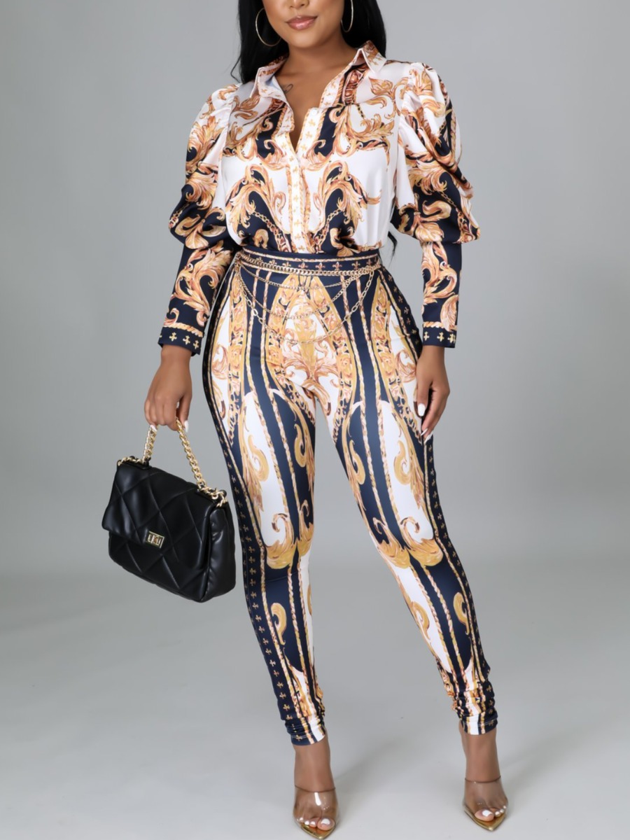 

LW Turndown Collar Mixed Print Pants Set, Blue