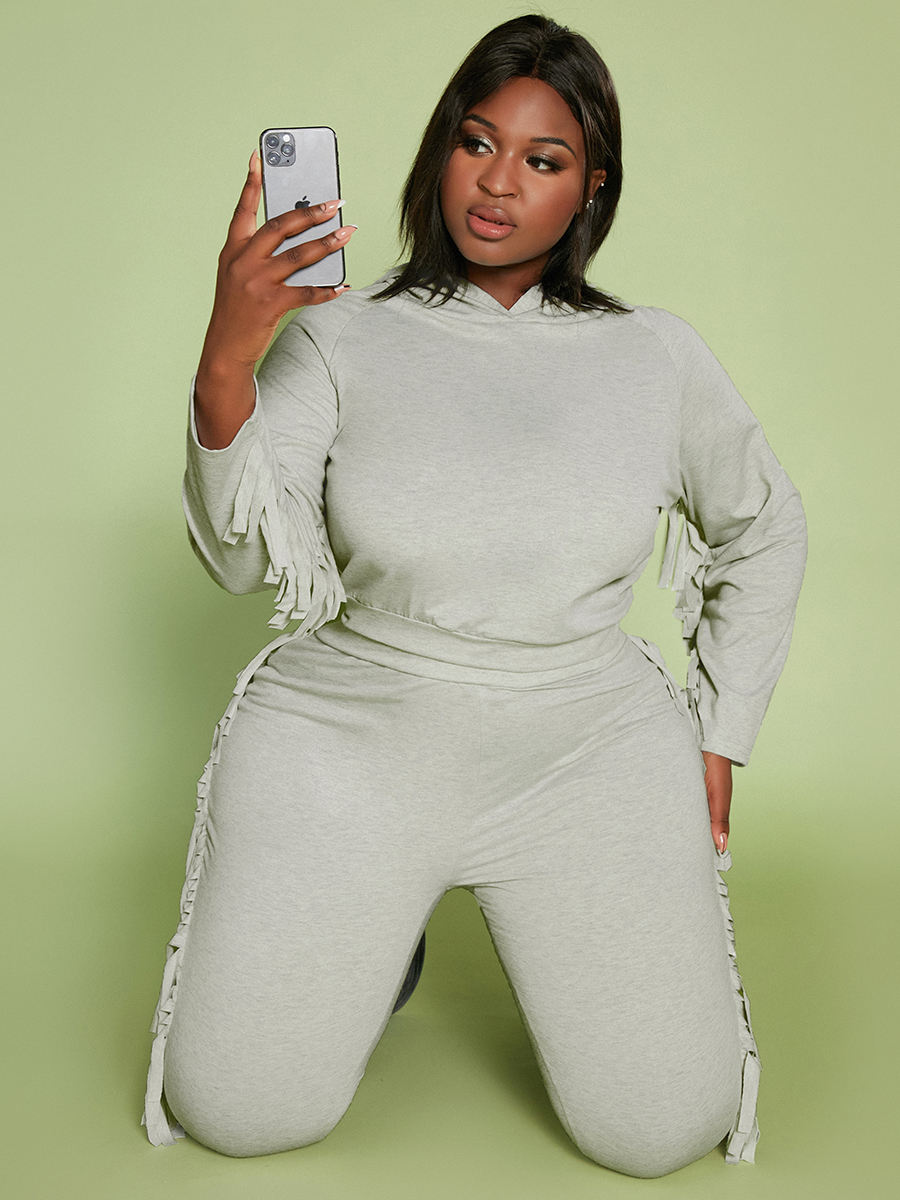 

LW Plus Size Hooded Collar Tassel Design Pants Set, Light grey