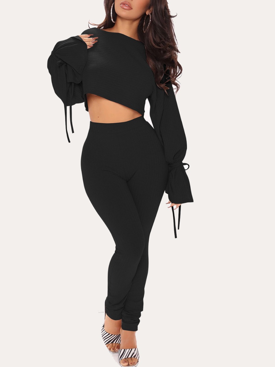 

LW Tie Sleeve Crop Top Pants Set, Black