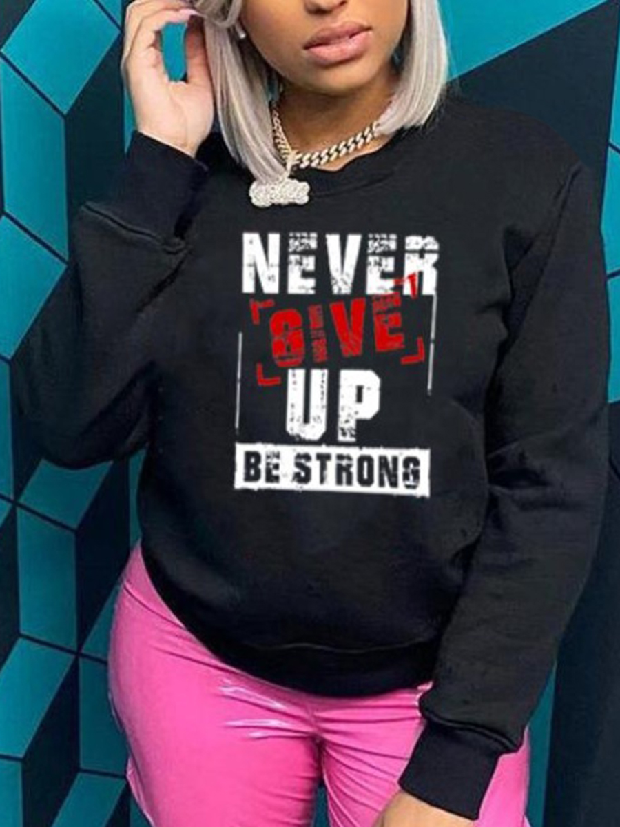 

LW Round Neck Letter Print Sweatshirt, Black