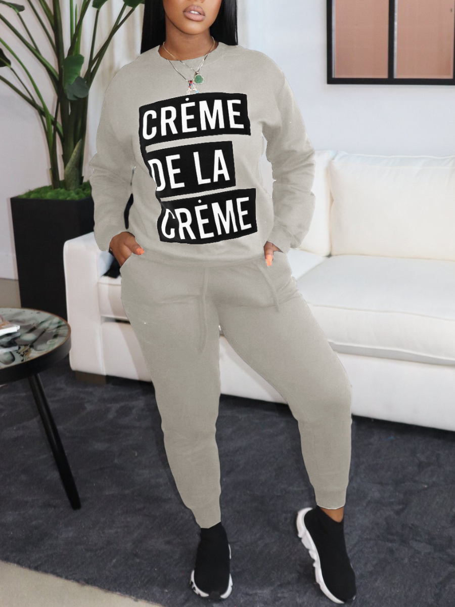 

LW Letter Print Drawstring Tracksuit Set, Grey