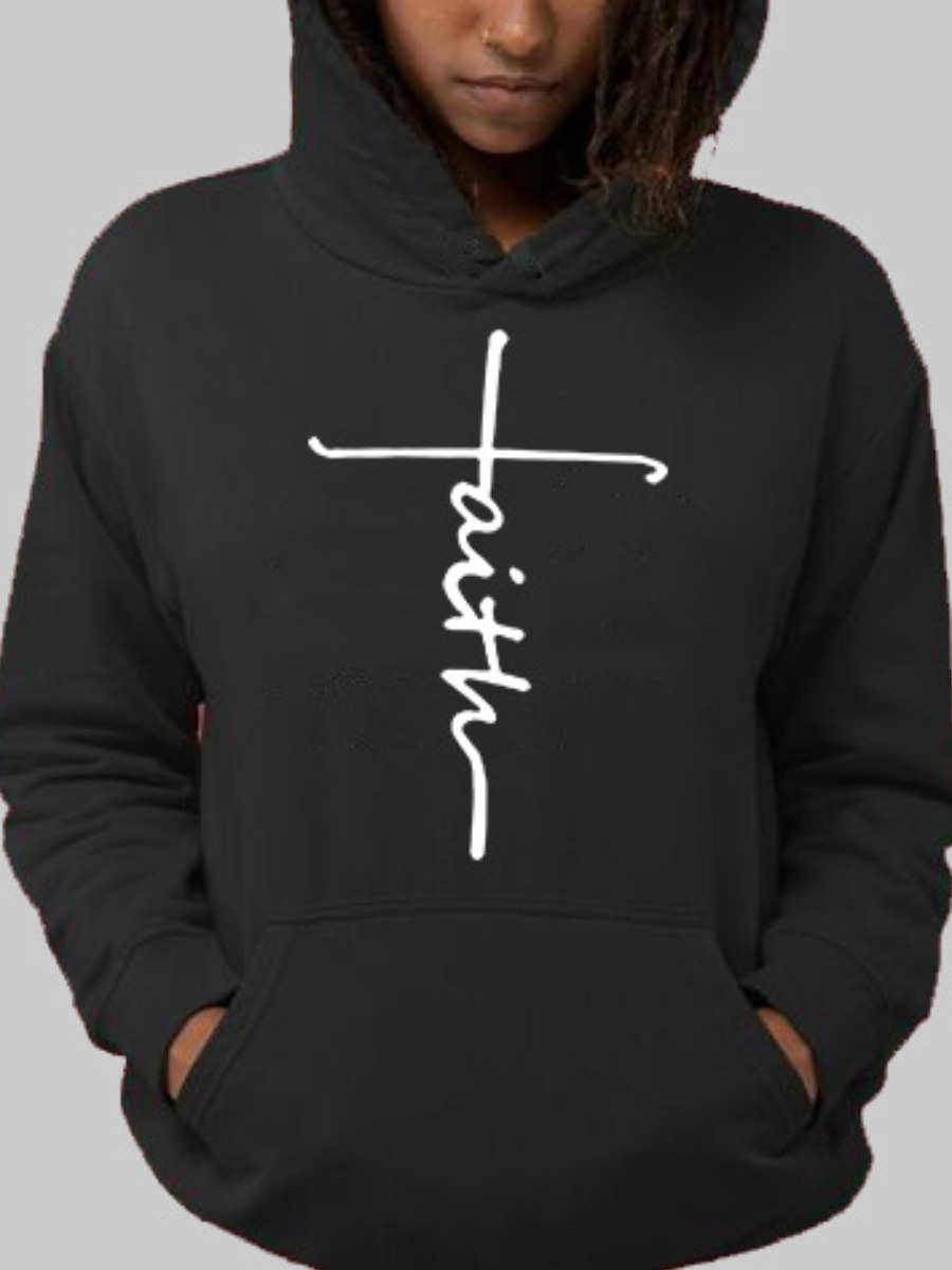 

LW Faith Drawing Letter Print Kangaroo Pocket Hoodie, Black