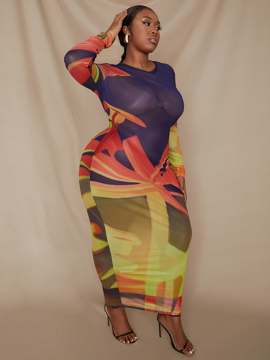 

LW Plus Size Round Neck Gradient Print See-through Bodycon Dress, Yellow