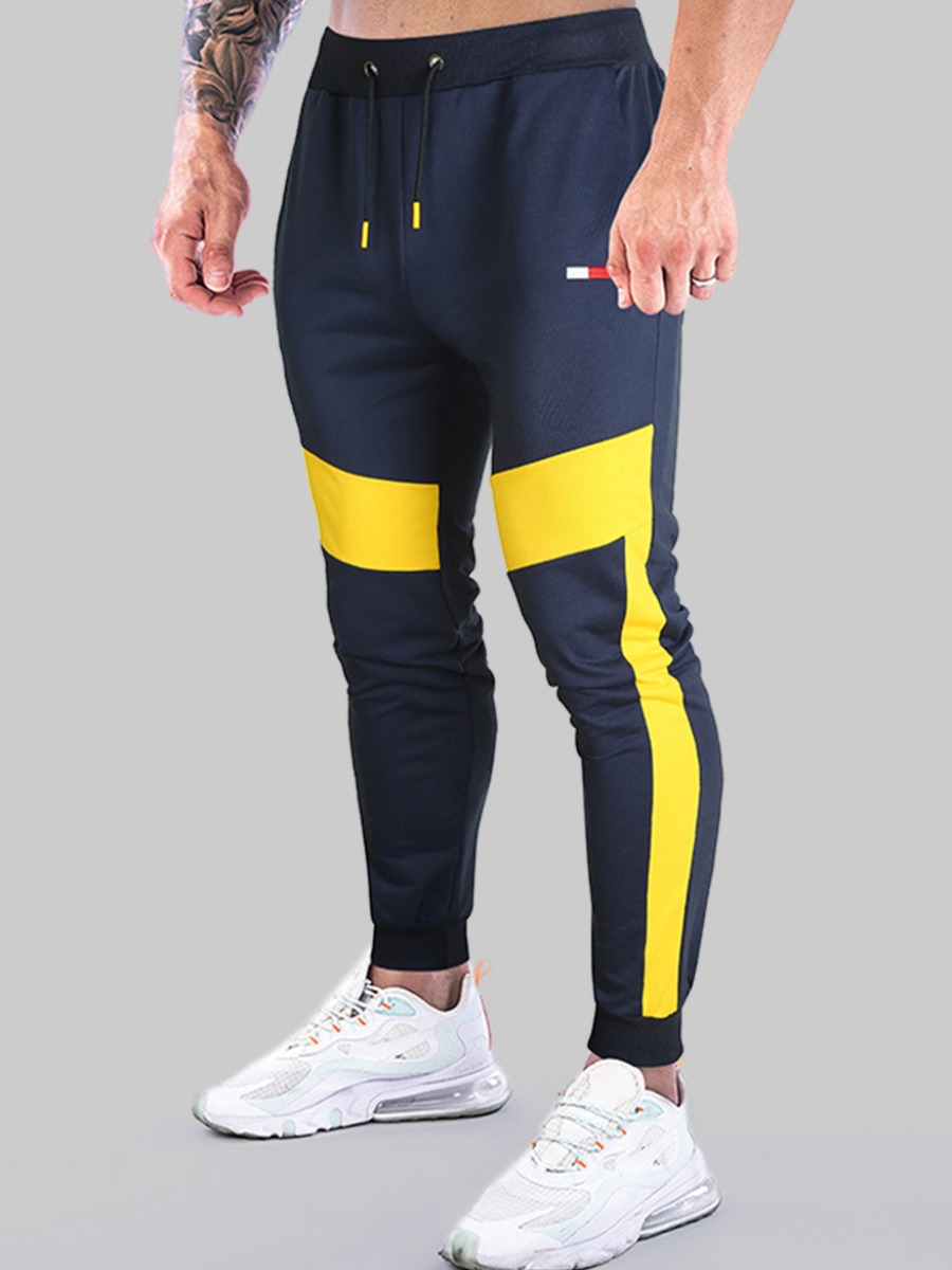 

LW COTTON Men Color-lump Drawstring Pants, Dark blue