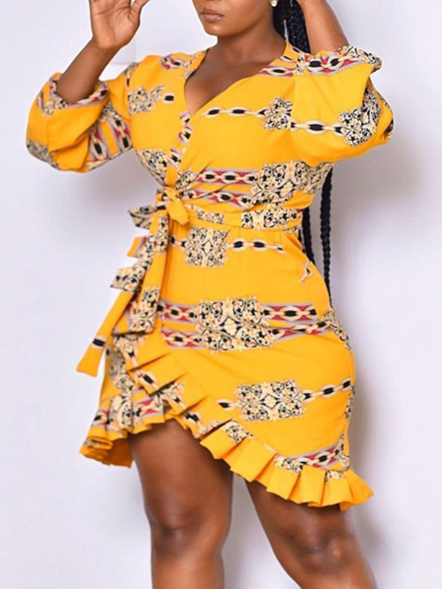 

LW Chain Print Flounce Design Dress, Yellow