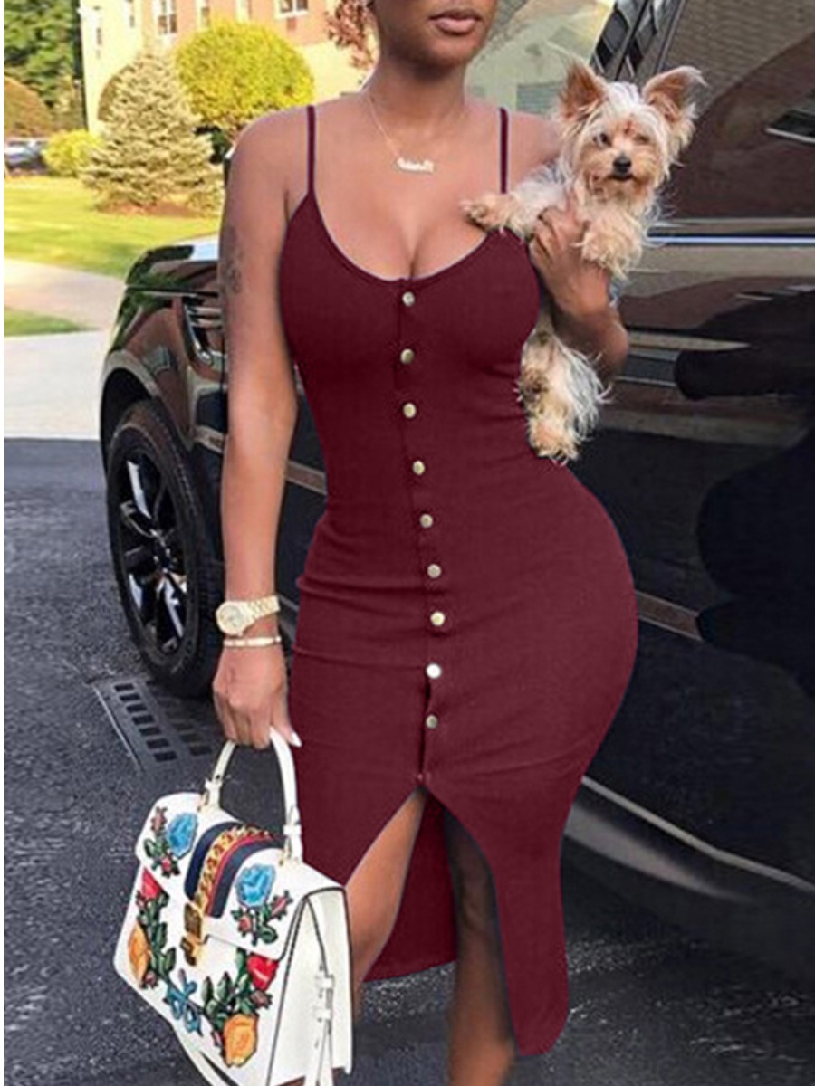 LW SXY Rib-Knit  Button Design Bodycon Dress