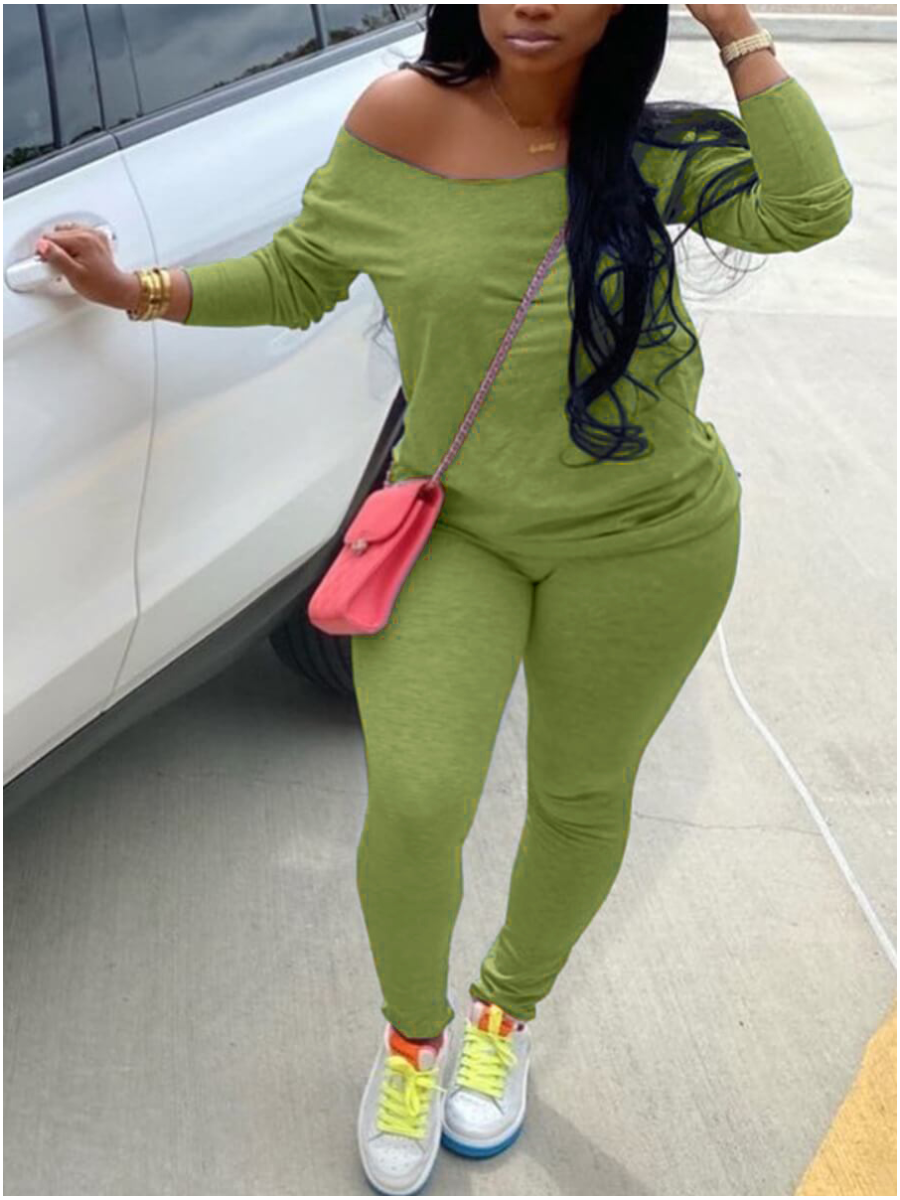 

LW Plus Size Casual Basic Skinny Green Two-piece Pants Set