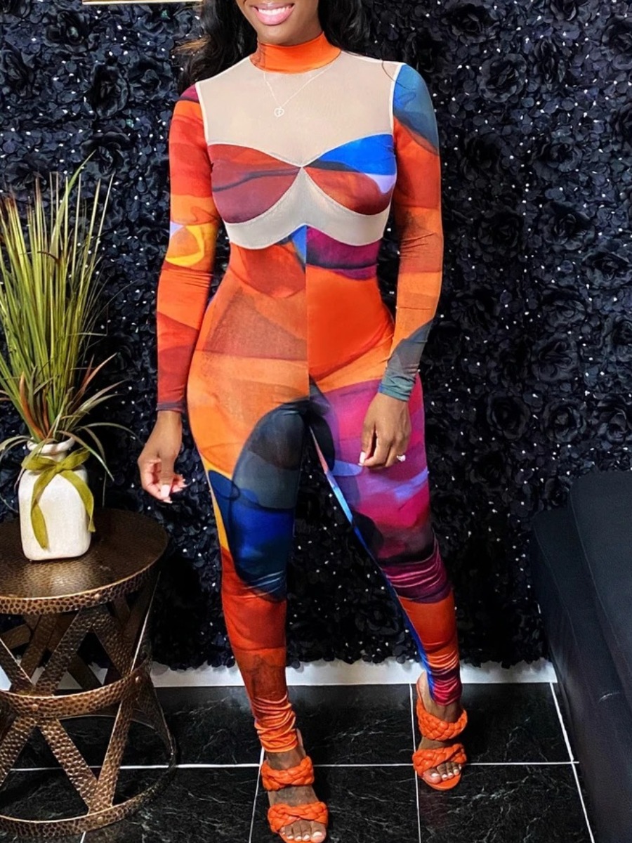 

LW Half A Turtleneck Mixed Print Jumpsuit, Multi