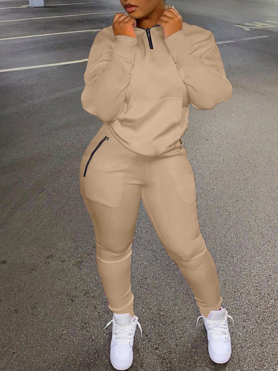 

LW BASICS Zipper Pocket Design Tracksuit Set, Brown