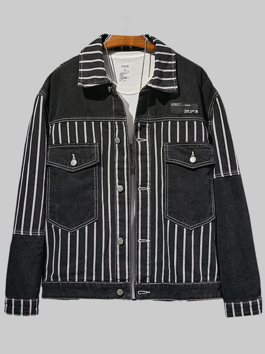 

LW Men Striped Pocket Design Denim Jacket, Black