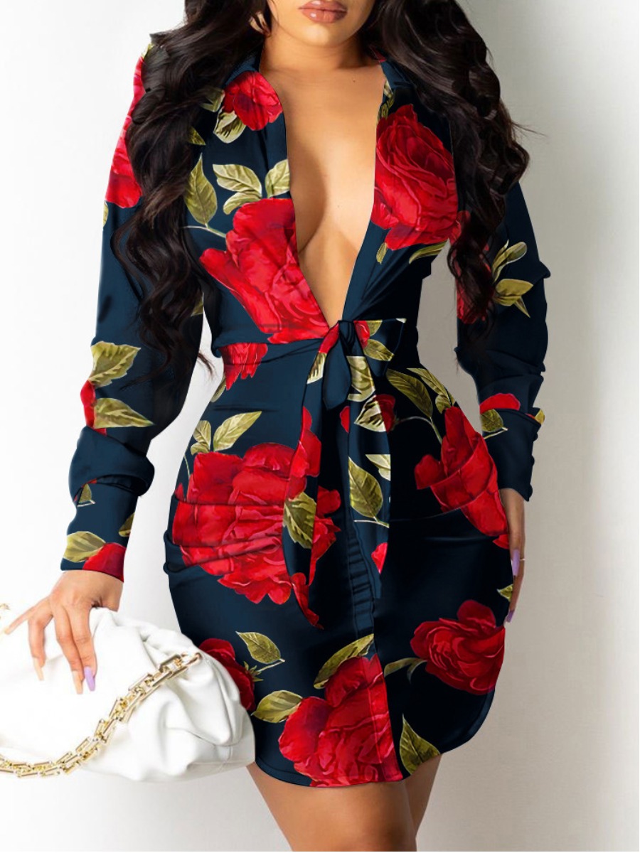 

LW SXY Rose Flower Print Bandage Design Shirt Dress, Dark blue